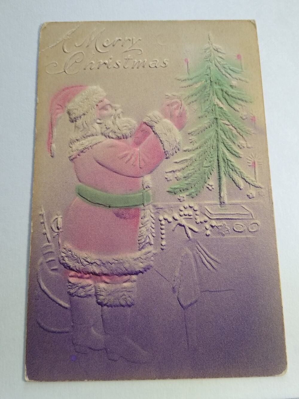 Vintage 1908 Embossed Santa Claus Christmas Tree Postcard Posted Airbrushed Art